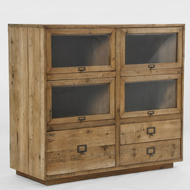 Solid recycle wood kitchen cabinet / office cabinet with 3 drawers and 4 glass flap doors