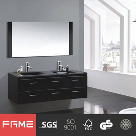 Black Wall Mount Double Glass Basin Lacquer Wood Bathroom Cabinets-MF1501