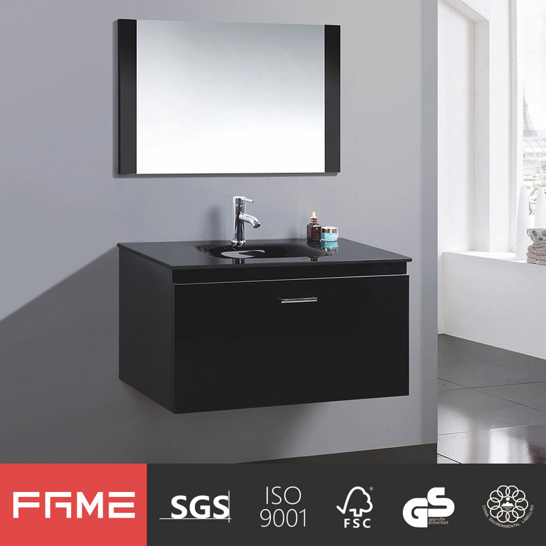 Small Black Matt Lacquer Mirrored Wood Bathroom Cabinets