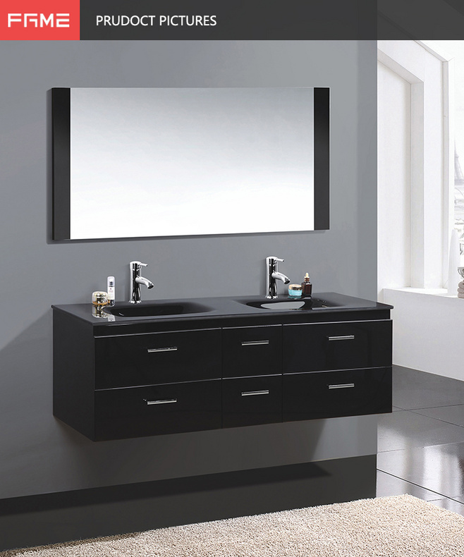 Black Wall Mount Double Glass Basin Lacquer Wood Bathroom Cabinets-MF1501