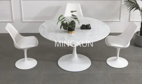 Modern Tulip Dining Table Carrara Marble and White Metal Base