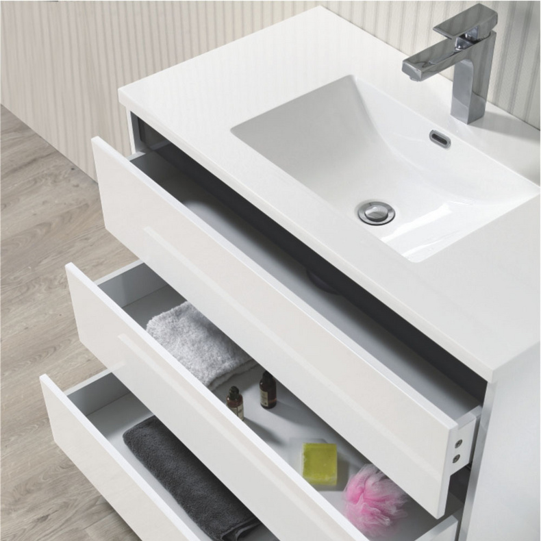 Modern Floor Mounted White Ceramic Sink High Glossy Lacuqer Bathrom Cabinets