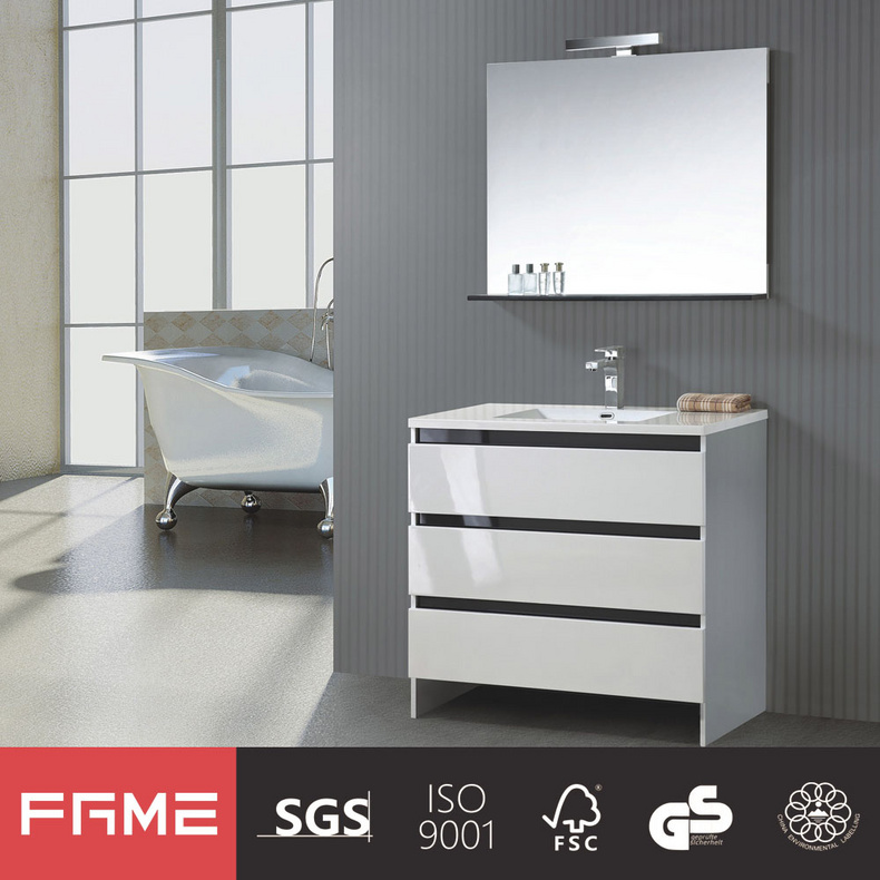 Modern Floor Mounted White Ceramic Sink High Glossy Lacuqer Bathrom Cabinets