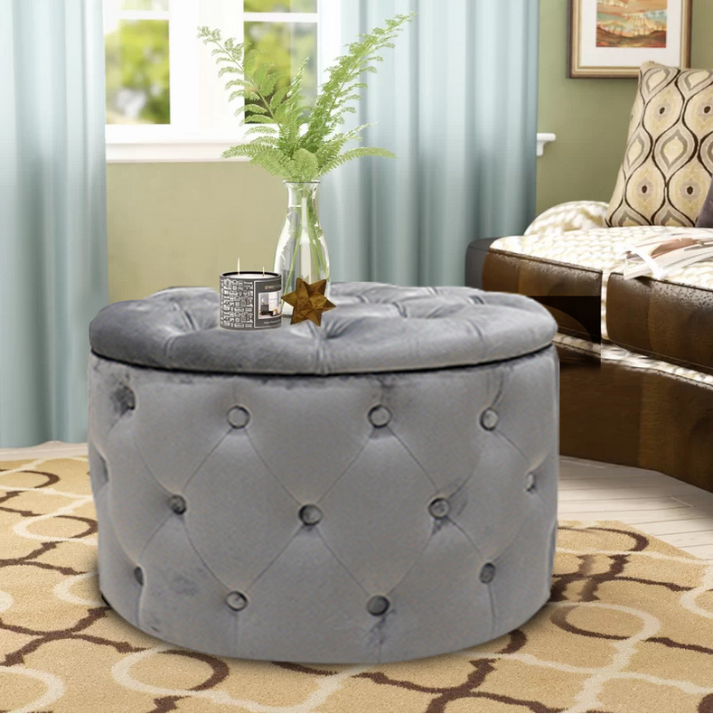 American Style Light Luxury Round Velvet Storage Ottoman