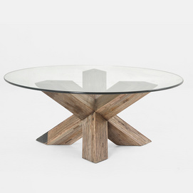 Modern design round glass cofee table with reclaimed elm base for living room