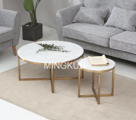 Stainless Steel Frame Gold Finish Round Marble Coffee Table with X Shape Base