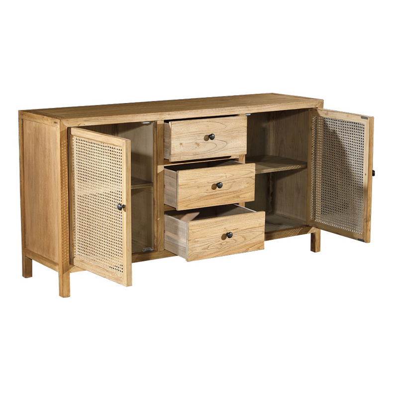 Reclaimed elm wood buffet furniture with rattan doors 001