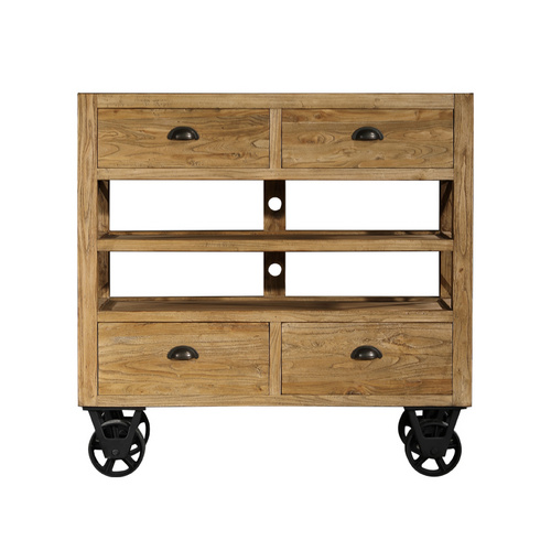 Indian style industrial old elm buffet with metal wheel