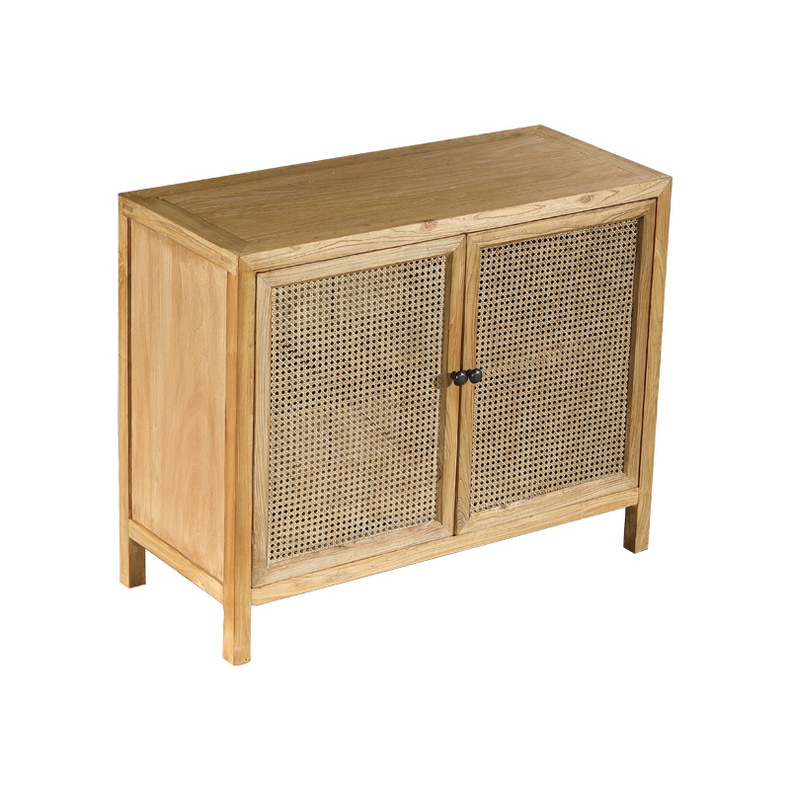 Recycled elm wood TV cabinet with rattan doors