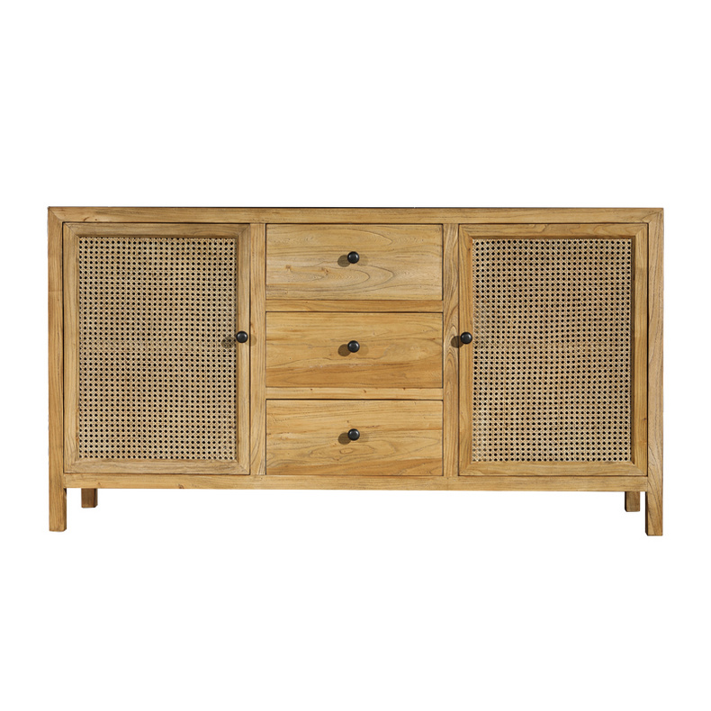 Reclaimed elm wood buffet furniture with rattan doors 001