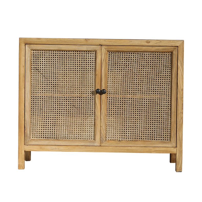 Recycled elm wood TV cabinet with rattan doors