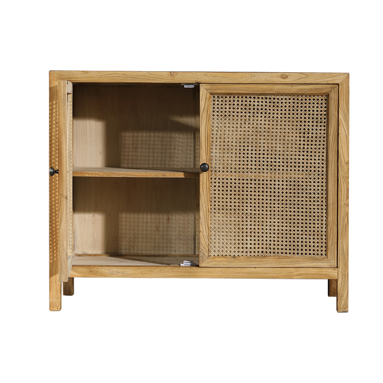 Recycled elm wood TV cabinet with rattan doors