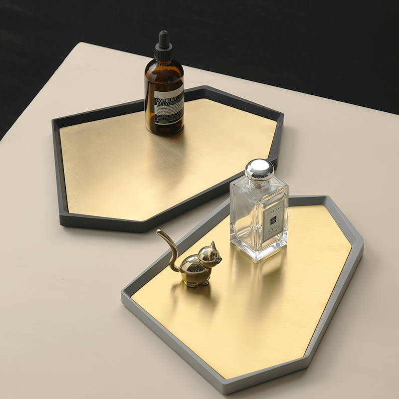 Black gray concrete material, irregular polygon shape gold metal plated jewelry porcelain dishes & plates concrete trays
