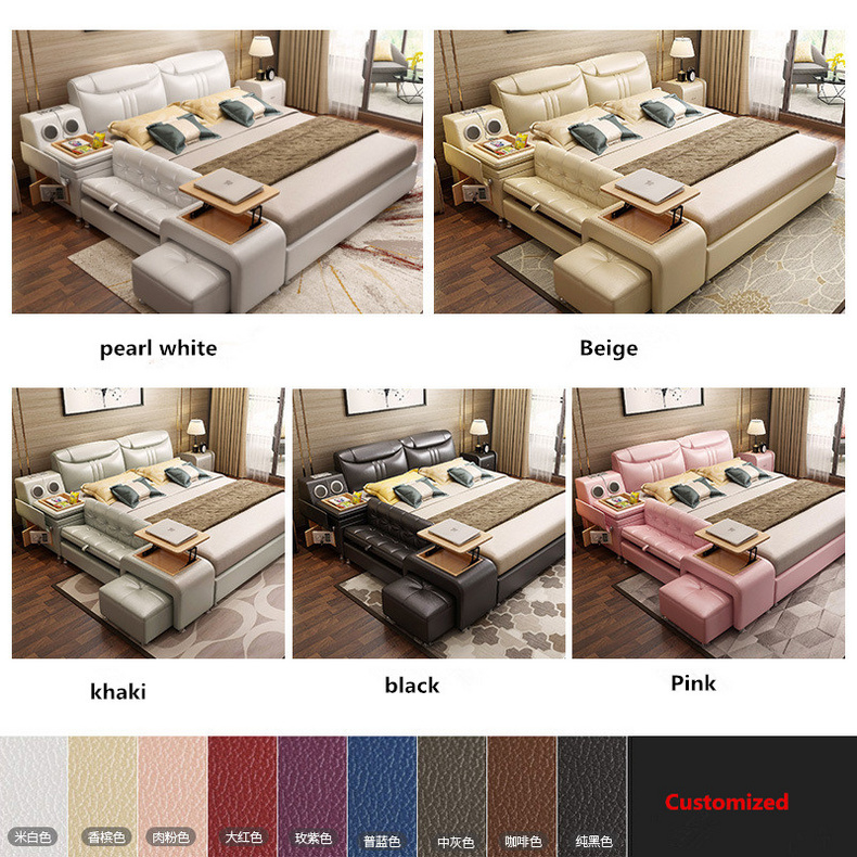 Hot selling leather bed with storage box bed with power line slotting machine adjustable headrest korea smart bed with speaker