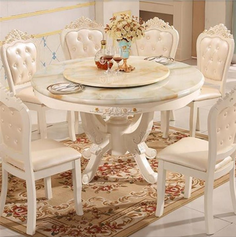 Antique Style Italian Dining Table and Chairs Sets for Home 100% Solid Wood Italy Style Luxury round Marble Top Dining Table Set