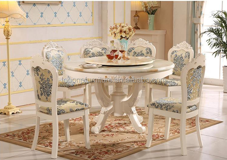 Antique Style Italian Dining Table and Chairs Sets for Home 100% Solid Wood Italy Style Luxury round Marble Top Dining Table Set