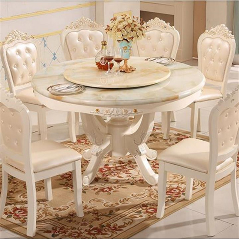 Antique Style Italian Dining Table and Chairs Sets for Home 100% Solid Wood Italy Style Luxury round Marble Top Dining Table Set