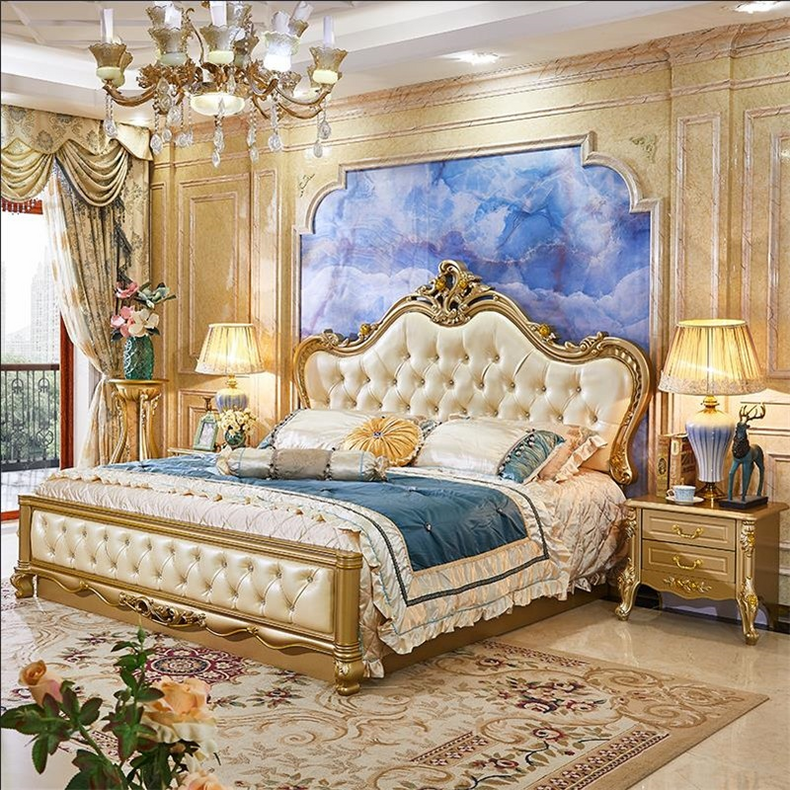 2021 Factory Direct European Style Wedding Bed Luxury Wooden Bed Furniture Upholstered Royal Furniture Antique Gold Bedroom Sets