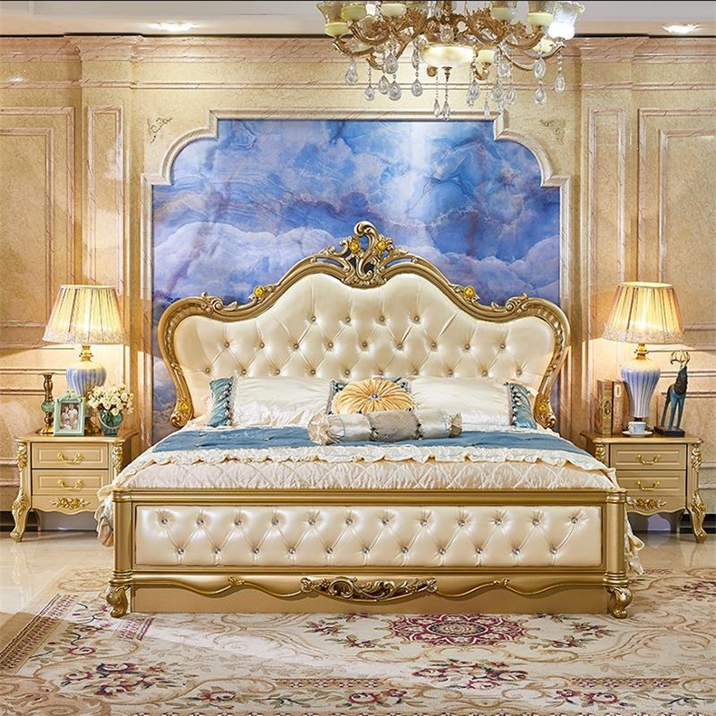2021 Factory Direct European Style Wedding Bed Luxury Wooden Bed Furniture Upholstered Royal Furniture Antique Gold Bedroom Sets