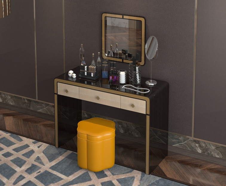 Modern dressers Luxury design vanity makeup table leather and stainless steel dressing table with mirror and stool