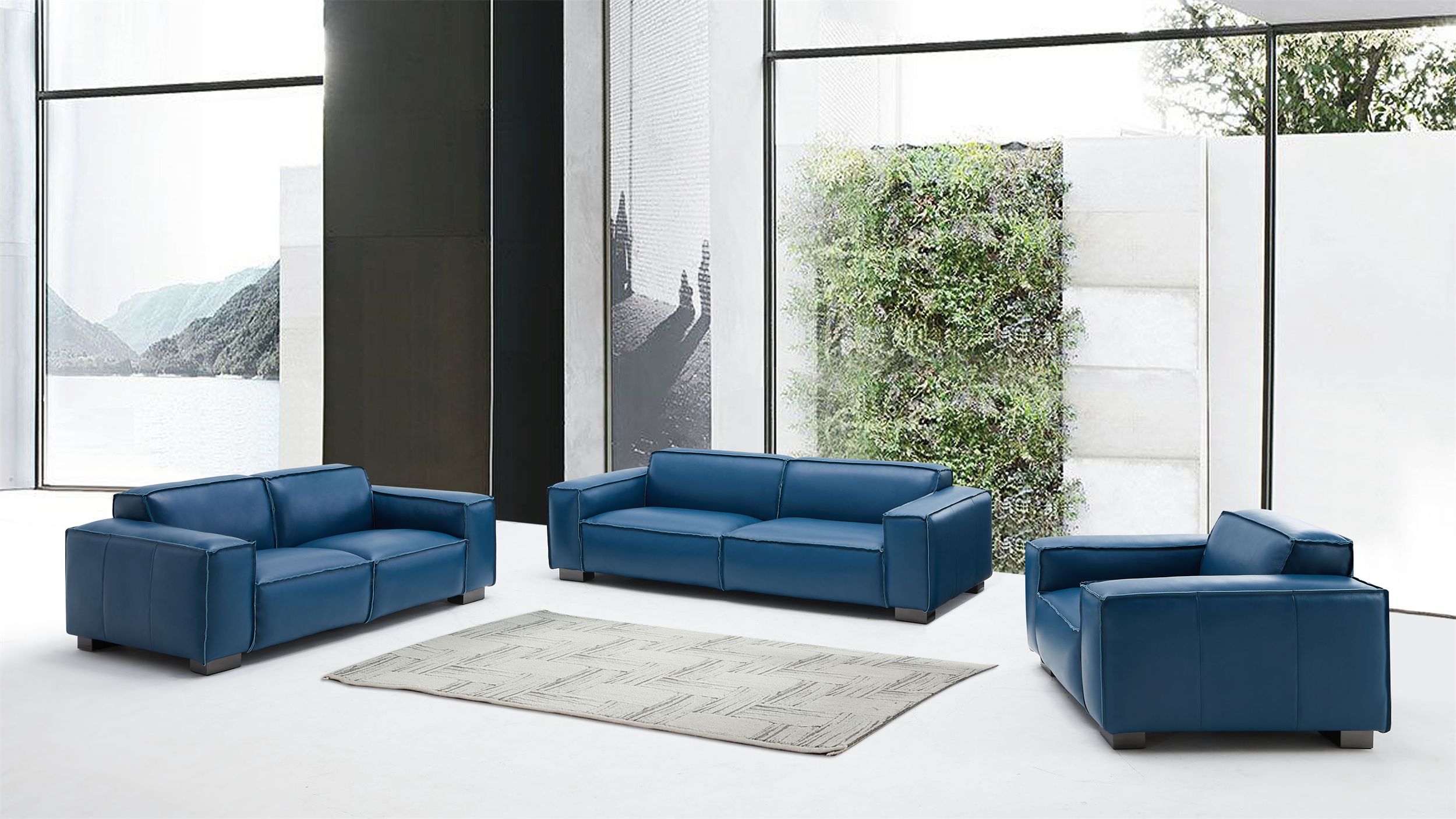 1919 Dark Blue Leather Light Luxury Sofa Set