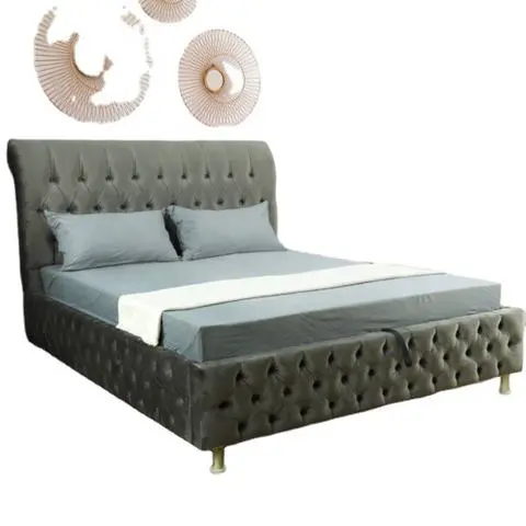 2020 1502G Latest Chesterfield Sleigh Design King Size Fabric Bed with Ottoman Gas Lift Storage