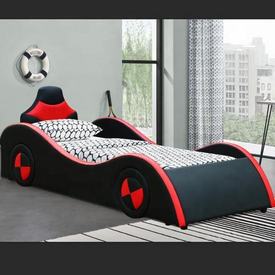 1497 Excellent S-shape Super Racing Car Style PU Leather Upholstery Kid Bed with Black&Red Match Color