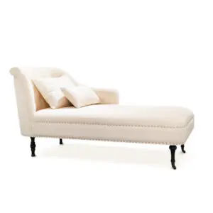 Beige Chaise Longue Chair with Decorative Button Tufted Backrest, Nail Trim Design and Wooden Legs