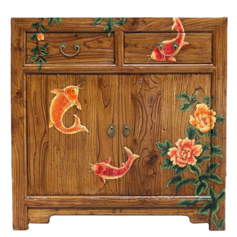 Antique Elm Two Door Two Drawer Modern Fish Painted Cabinet