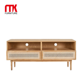 Modern Rattan TV Stand Solid Wood Cabinet
