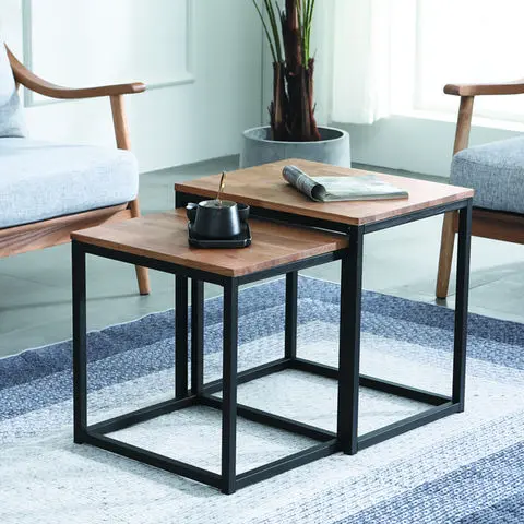 Modern Side Table Set Oak End Table Set with Metal Legs