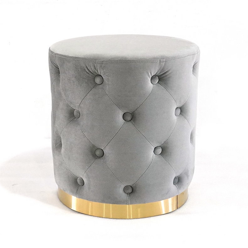 Golden Base Nordic Ottoman Pouf Gray Velvet Round Chesterfield Ottoman Stool