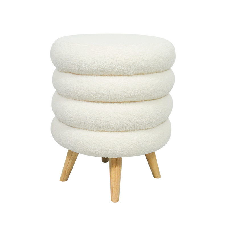 New Design Livingroom White Fabric Stool Wooden Leg Lambswool Ottoman Foot stool