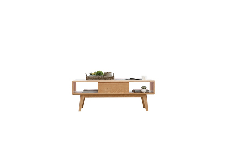 2021 New Design Nordic Stye Natural Solid Oak    double drawer  coffee table