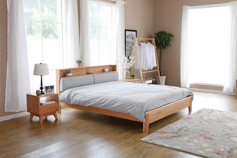 2021 New Design Nordic Stye Natural Solid  WoodKing Size Bed with soft bed head for Bedroom furniture