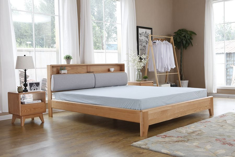 2021 New Design Nordic Stye Natural Solid  WoodKing Size Bed with soft bed head for Bedroom furniture