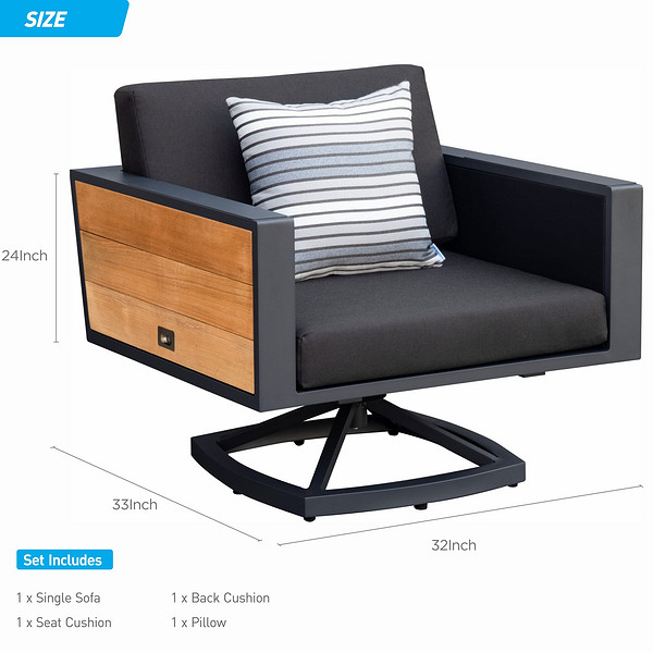 HIGOLD - 2017 York Swivel Aluminum Single Sofa with Double Side Panels Cushion Pillow, Teak Wood, Matte Charcoal Powder Coating