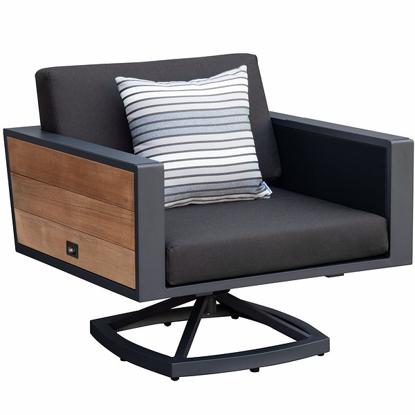 HIGOLD - 2017 York Swivel Aluminum Single Sofa with Double Side Panels Cushion Pillow, Teak Wood, Matte Charcoal Powder Coating