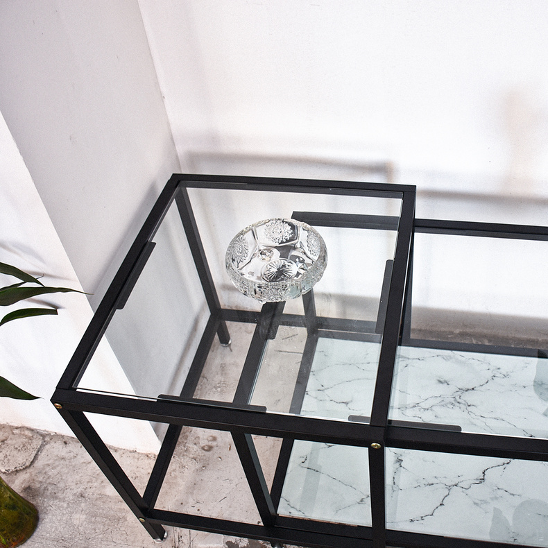 Modern Set of Two Metal Frame Marble Like Tempered Glass Top Nest Coffee Table