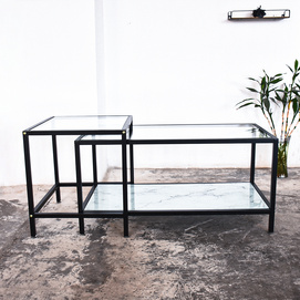 Modern Set of Two Metal Frame Marble Like Tempered Glass Top Nest Coffee Table