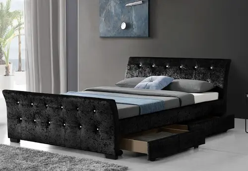 Sleigh Headboard and Footboard Black Crush Velvet Bed with Drawers