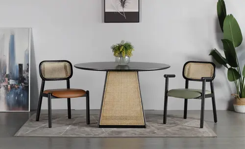 Wholesale Restaurant Hotel Home Wooden Furniture Solid Wood Rattan Woven Chair Pu Leather Cushion Dining Chair
