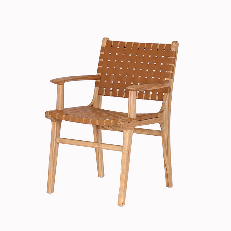 Nordic Customized Indoor Solid Wood Furniture Arm Dining Chair Restaurant Wooden Frame Leather Saddle Woven Dining Chair