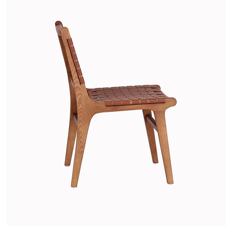 Nordic Customized Indoor Solid Wood Furniture Arm Dining Chair Restaurant Wooden Frame Leather Saddle Woven Dining Chair