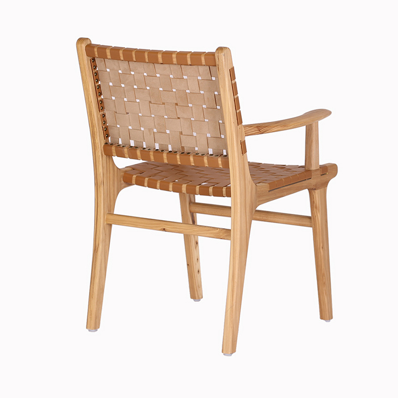 Nordic Customized Indoor Solid Wood Furniture Arm Dining Chair Restaurant Wooden Frame Leather Saddle Woven Dining Chair