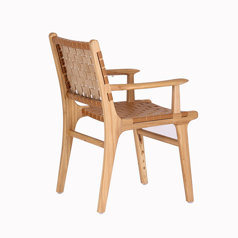 Nordic Customized Indoor Solid Wood Furniture Arm Dining Chair Restaurant Wooden Frame Leather Saddle Woven Dining Chair