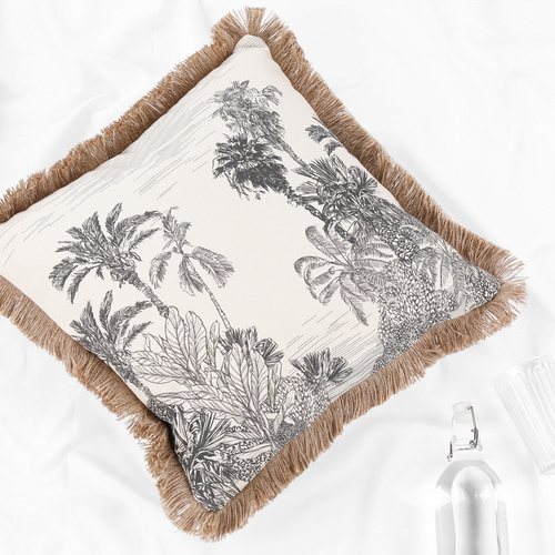 Cotton-ETC Digital Print Plants Pattern Poly Canvas Cushion with Jute Piping FOREST
