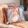 Cotton-etc Digital Print Squirrel Pattern Velvet Cushion with Faux Fur Piping Fluffy-RB