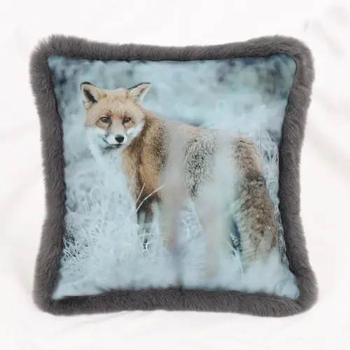 Cotton-etc Digital Print Squirrel Pattern Velvet Cushion with Faux Fur Piping Fluffy-FX