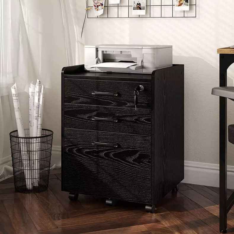 black 3 file small roll cart file cabinet